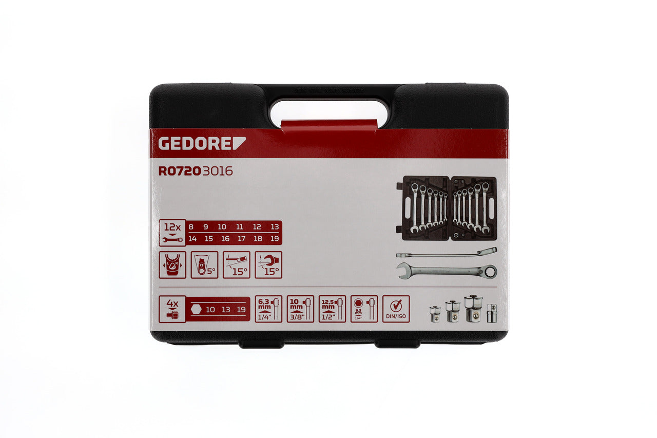 GEDORE red R07203016 - Jeu de 12 clés mixtes à cliquet avec 4 adaptateurs pour embouts et douilles
