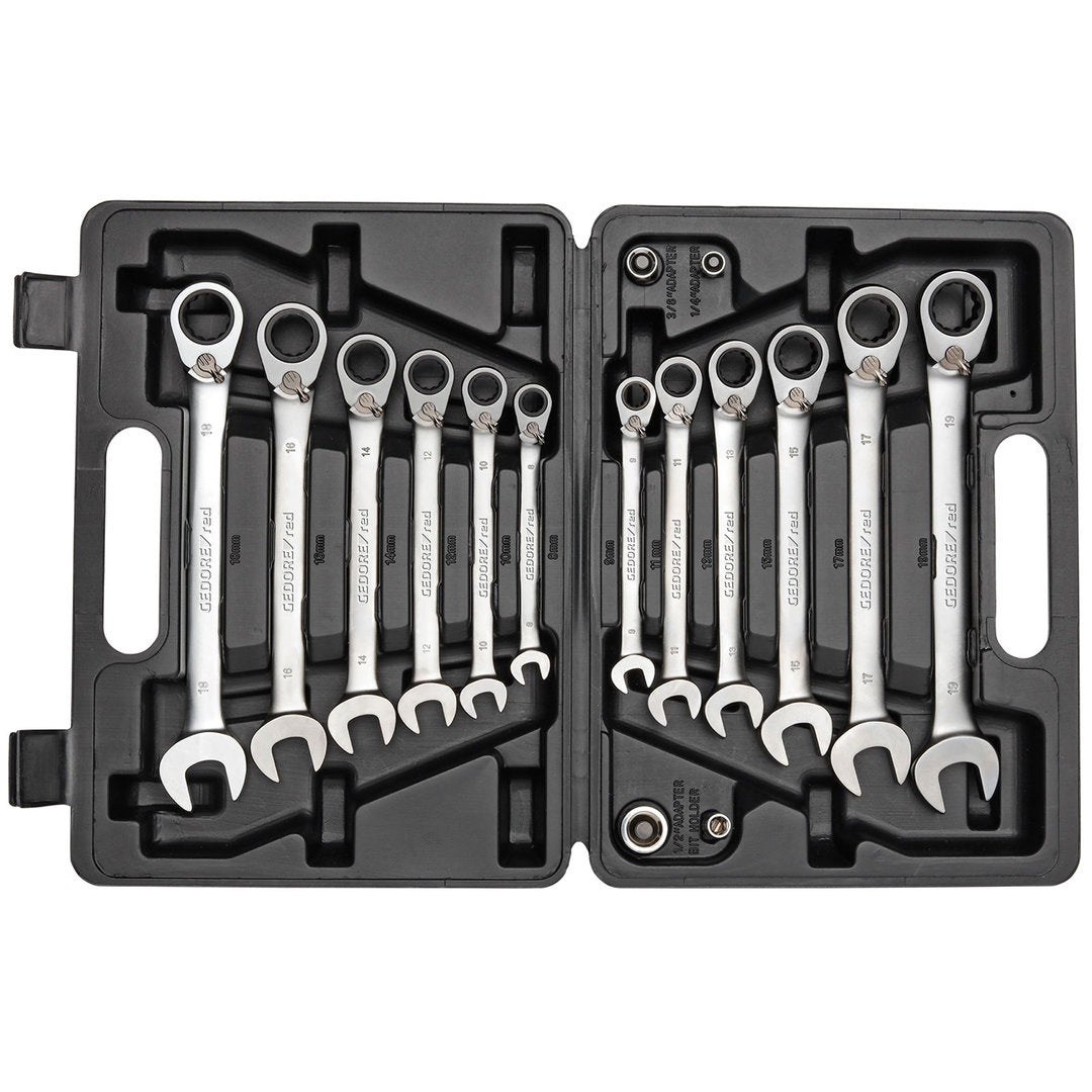 GEDORE red R07203016 - Jeu de 12 clés mixtes à cliquet avec 4 adaptateurs pour embouts et douilles