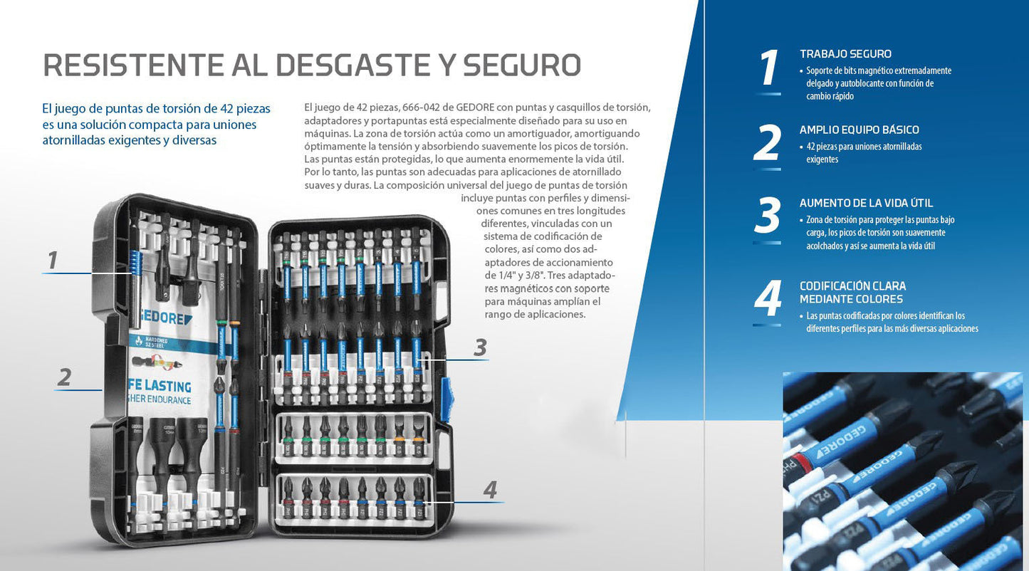 GEDORE 666-042 - Juego de puntas de torsión de 1/4", 42 piezas