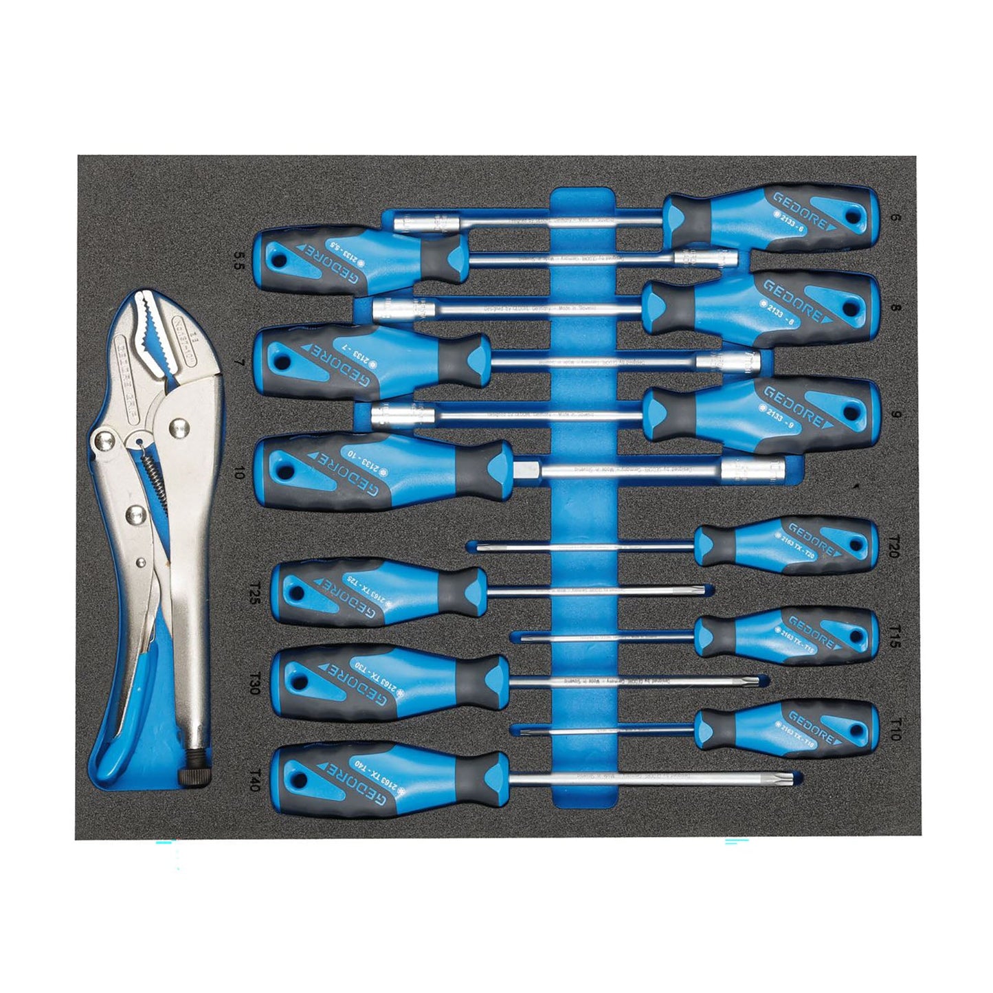 GEDORE TS CT2-2133-2163TX - Surtido de destornilladores y mordaza grip en módulo de espuma Check-Tool de doble cuerpo, 13 piezas