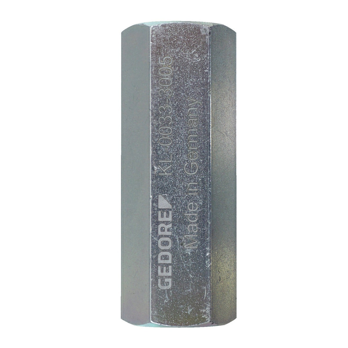 KL-0033-3005 - Tuerca de ajuste larga: Pieza metálica hexagonal alargada con grabado de marca y texto