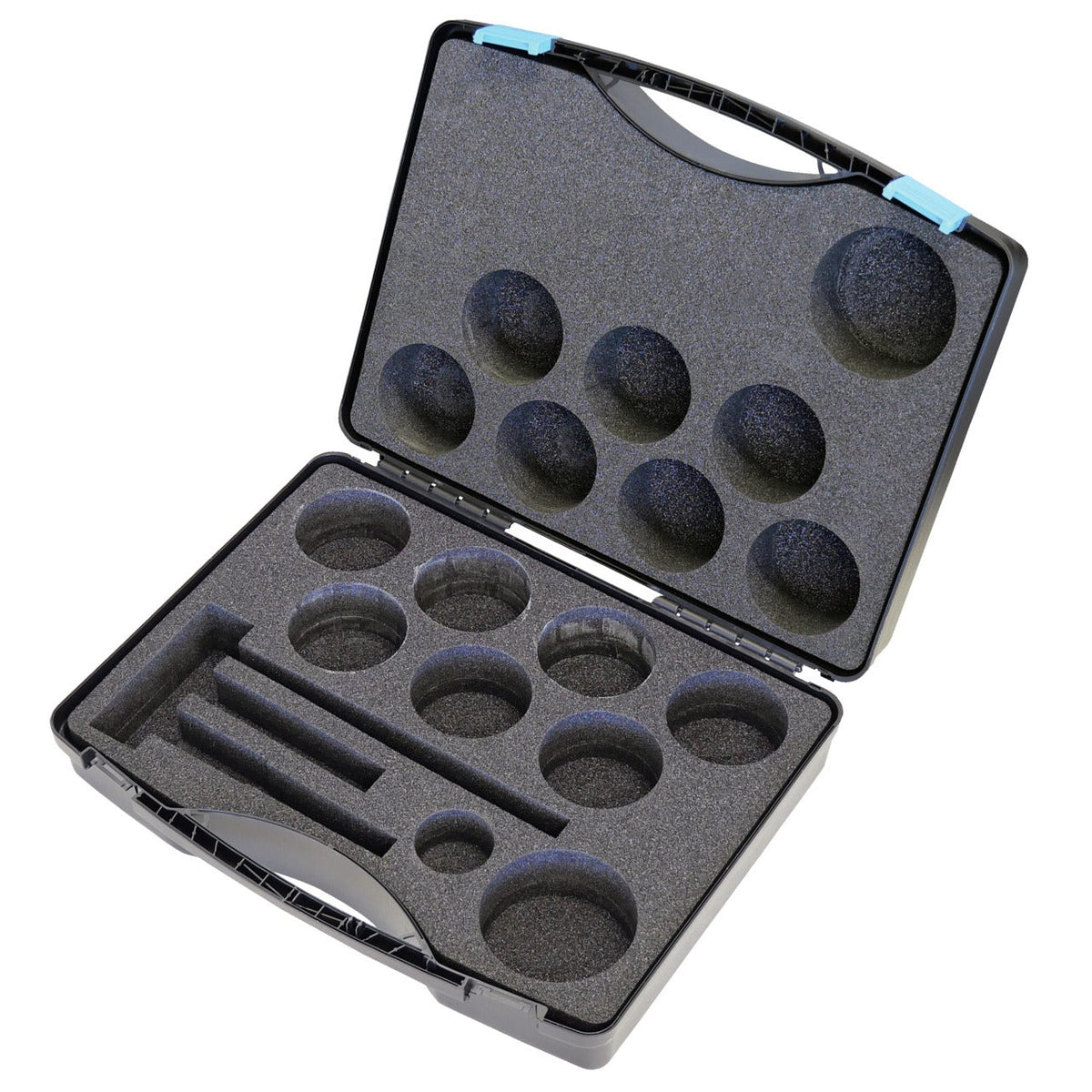 KL-0042-9099 - Caja de plástico vacía: Maletín de plástico abierto con espuma recortada para alojar herramientas redondas
