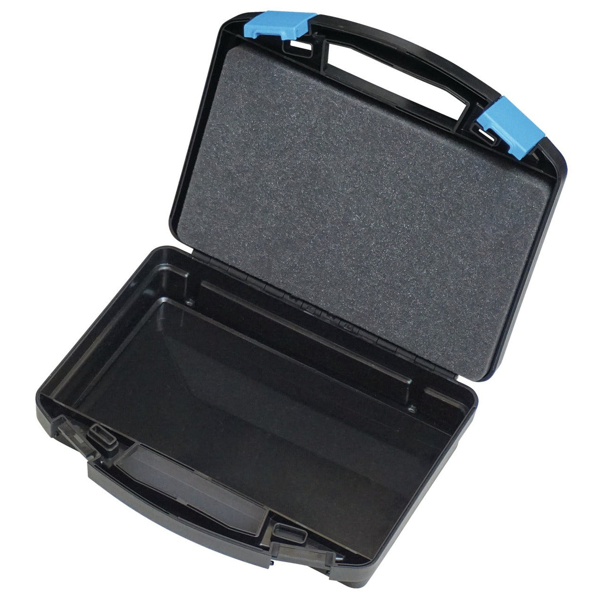 KL-4990-9224 - Maletín de plástico (vacío): Maletín de plástico negro abierto con espuma en la tapa y cierres azules