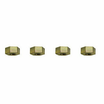 KL-0186-1251 - Juego de tuercas espaciadoras 5mm: Cuatro tuercas hexagonales metálicas doradas alineadas