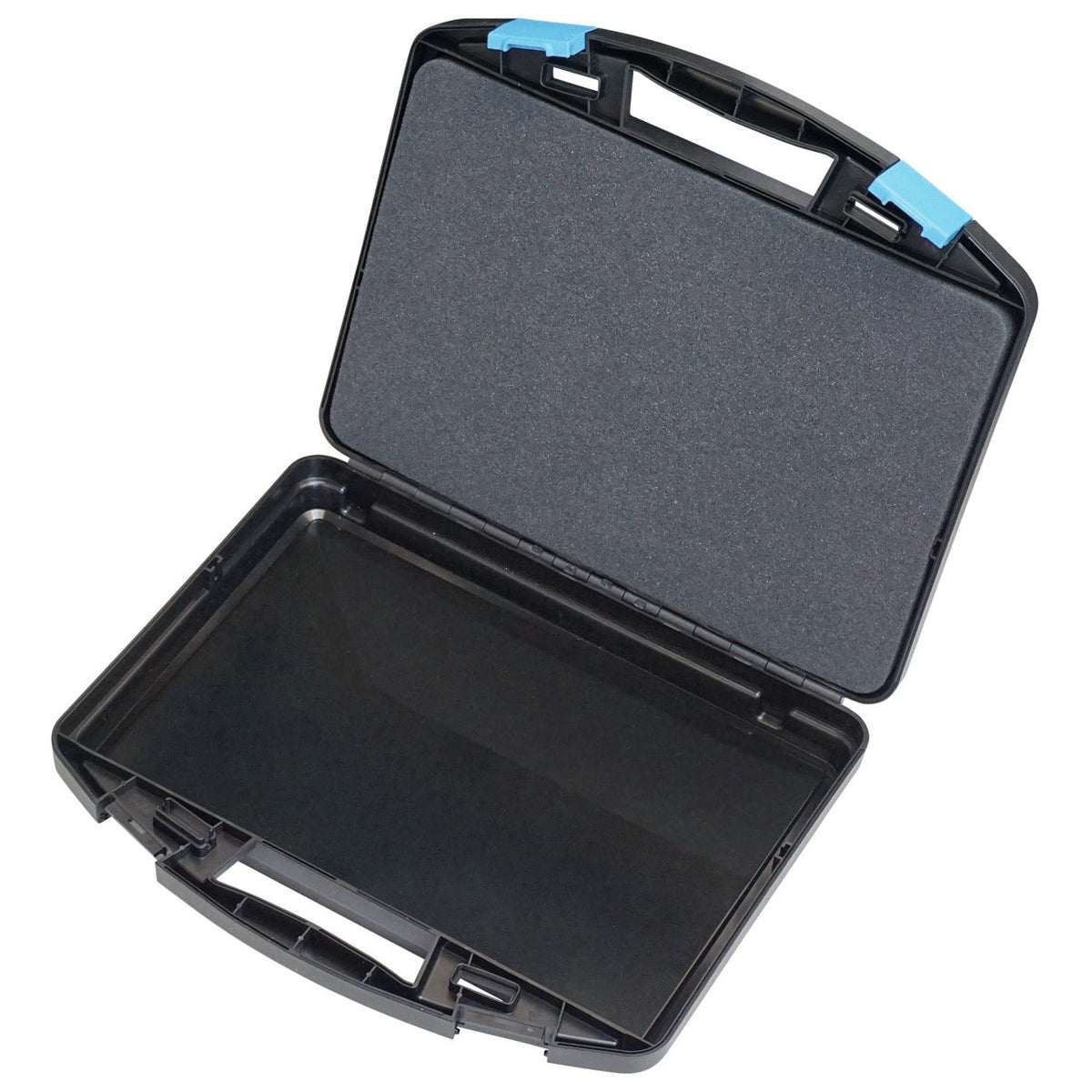 KL-4990-9322 - Maletín de plástico (vacío): Maletín de plástico negro abierto con espuma en la tapa y cierres azules