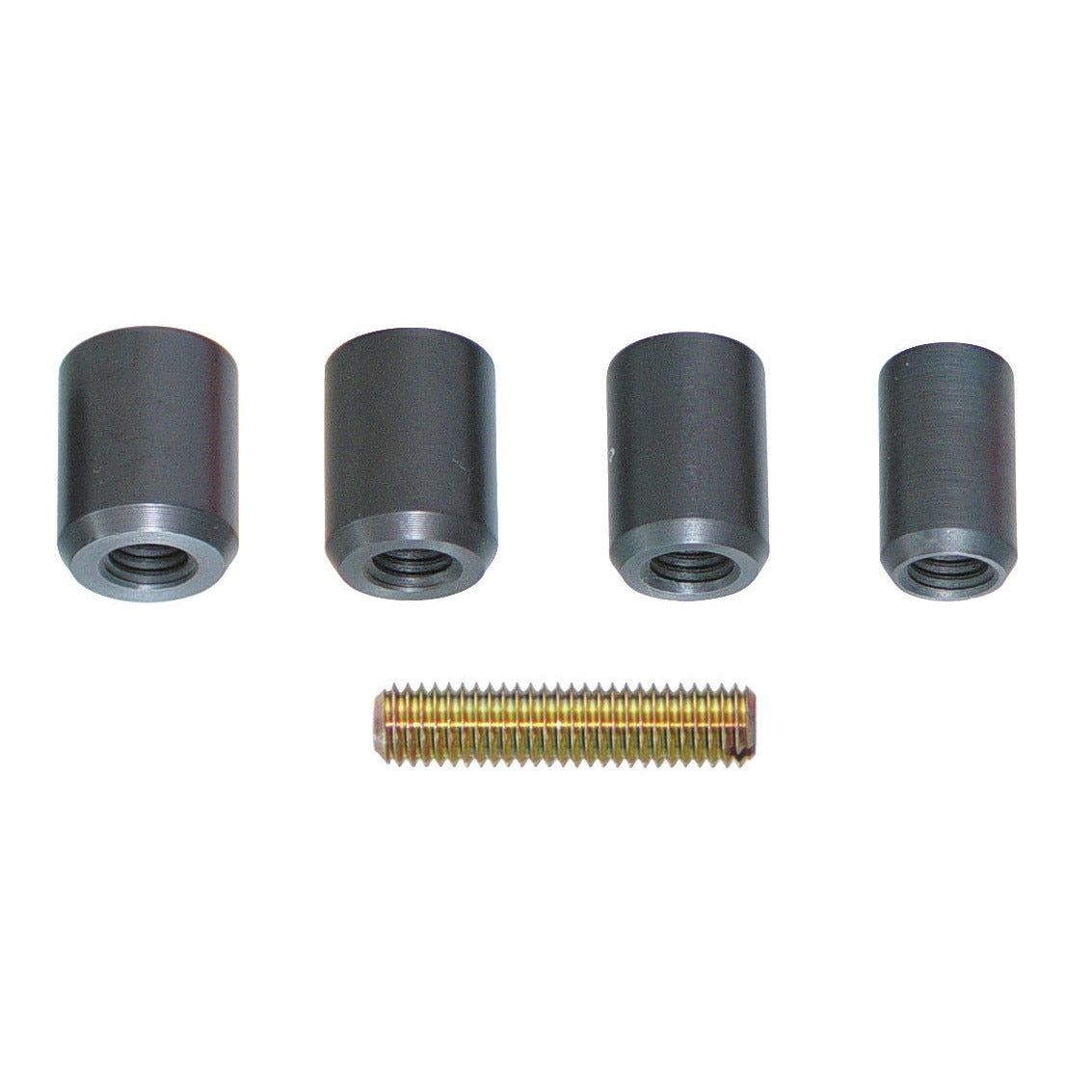 KL-0069-5010 A - Juego de casquillos de centrado: Cuatro casquillos cilíndricos metálicos y un tornillo espárrago roscado