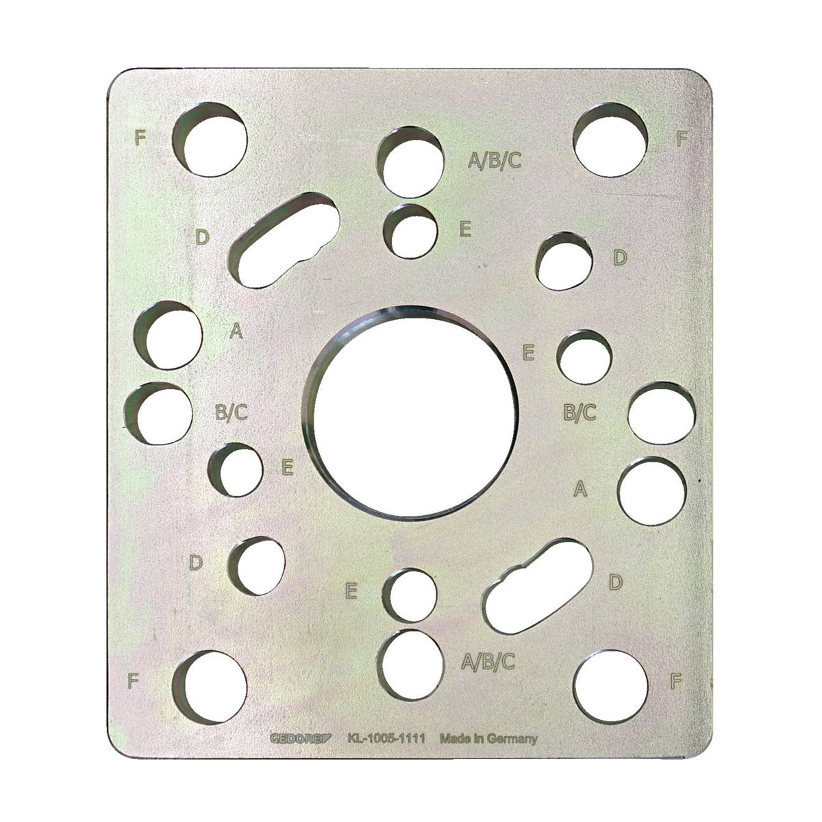KL-1005-1111 - Placa adaptadora: Placa metálica perforada con orificios de varios diámetros etiquetados A a F
