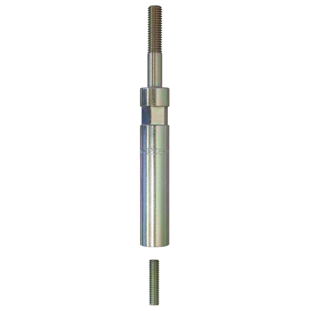 KL-0186-1238-1 - Perno de soporte 129mm: Vástago metálico roscado con extremo hexagonal y tornillo suelto debajo