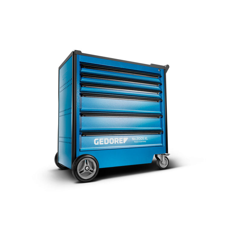 2005 XL - Línea de Carros de Taller Profesionales XL: Carro de taller azul con seis cajones y ruedas sobre chasis negro