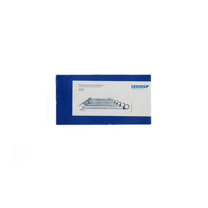 Juego de llaves combinadas acodadas 8 pzas 8-19 mm: Caja azul con juego de llaves combinadas y logotipo de marca impreso