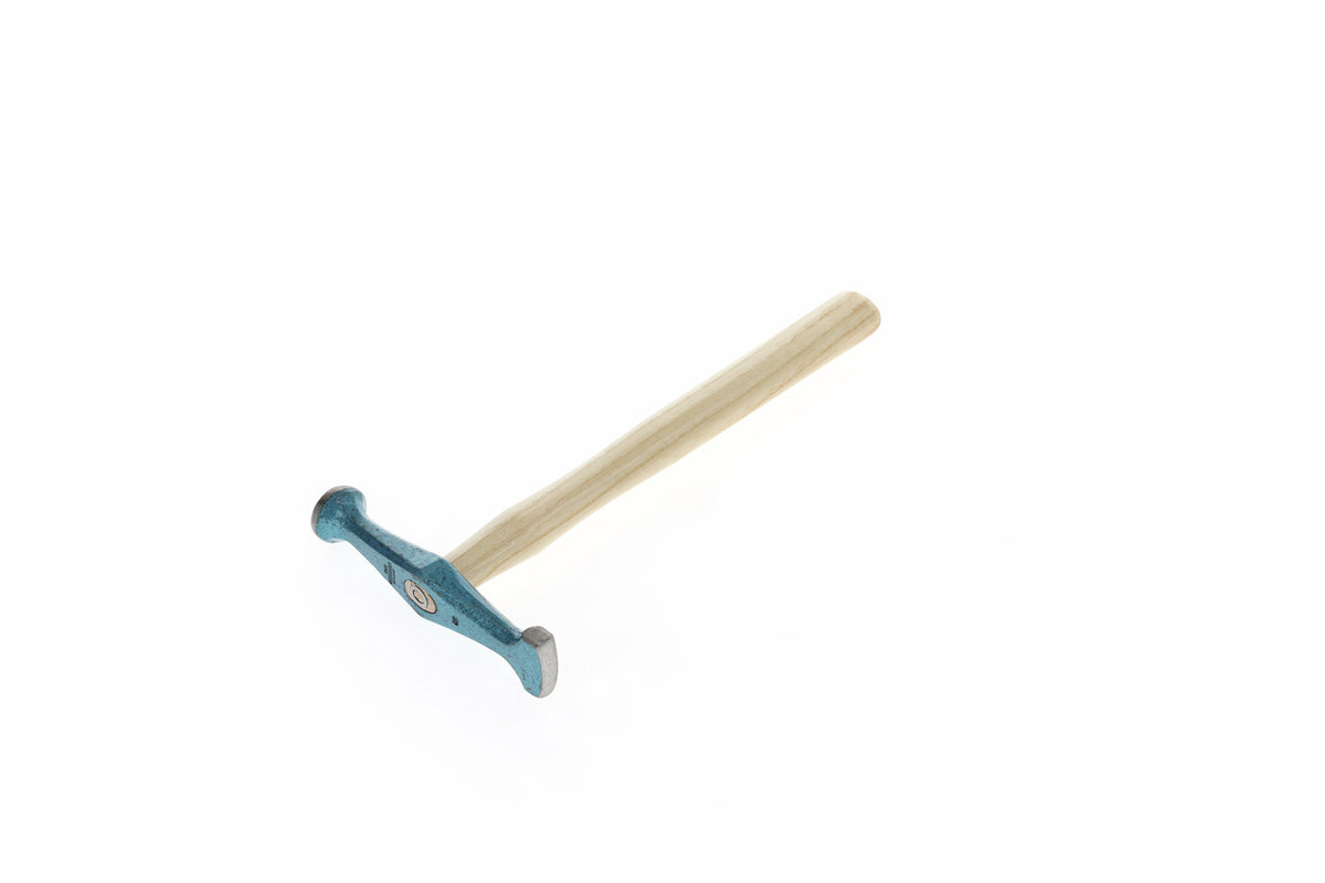 261 - Martillo plano peña redondeada: Martillo con cabeza azul metalizada, peña redondeada y mango de madera