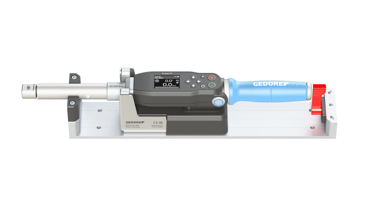 ETCP-LST 1000 - Estación de carga para E-torc P: Llave dinamométrica electrónica con mango azul sobre soporte de calibración
