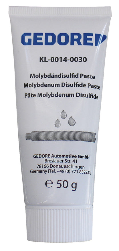 KL-0014-0030 - Pasta de disulfuro de molibdeno 50g: Tubo blanco de pasta lubricante con tornillo y gotas ilustrados
