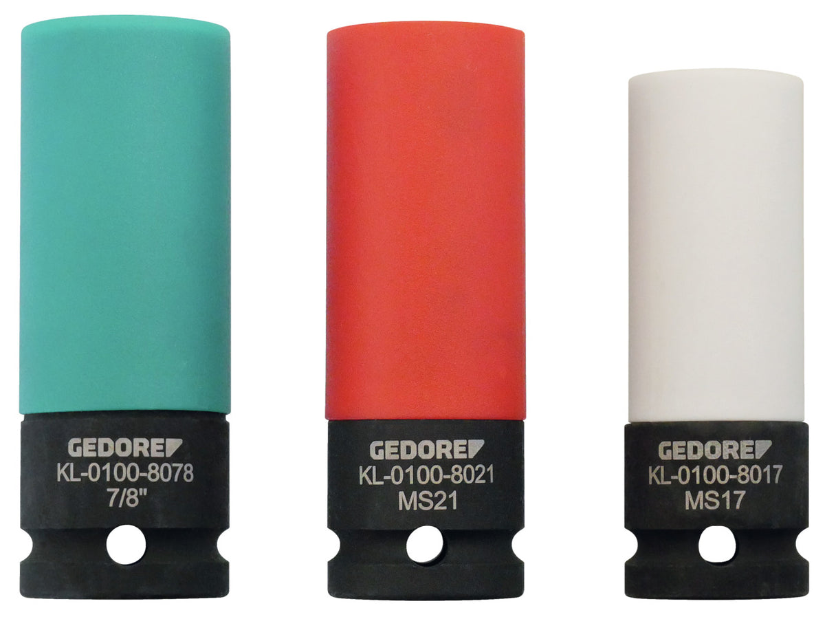 KL-0100-80 K - Juego de destornilladores especiales 1/2", 3 piezas: Tres vasos de impacto con funda protectora en verde, rojo