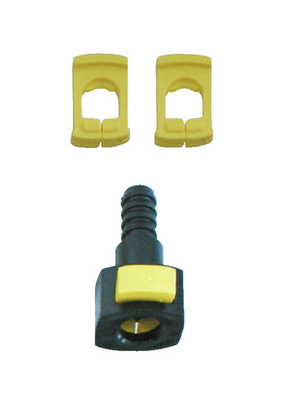 KL-0124-4106 - Conexión de manguera: Conector de manguera negro con pestaña amarilla y dos clips de sujeción amarillos