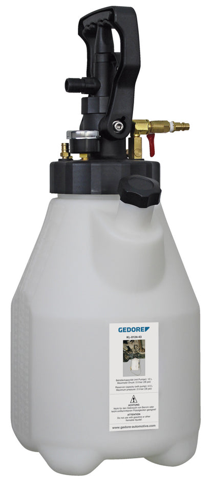 KL-0124-4311 - Contenedor (12l) con bomba: Depósito con bomba manual, manómetro y conexiones de latón para purga de fluidos
