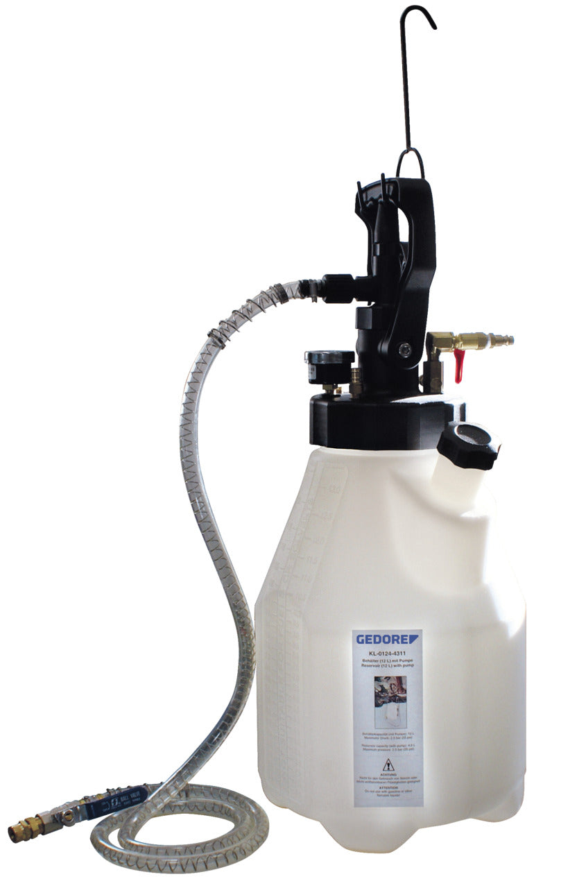 KL-0124-43 - Bomba de aceite con depósito, 12 litros: Depósito con bomba manual, manguera transparente y manómetro