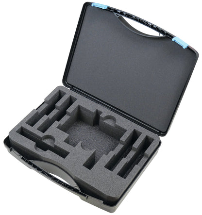 KL-0165-3090 A - Contendor de plastico: Maletín negro abierto con espuma recortada para herramientas y asa plegable