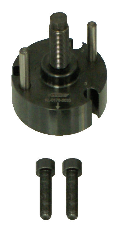 KL-0178-3030 - Brida con husillo: Brida circular metálica con husillo central y espárragos, dos tornillos sueltos abajo