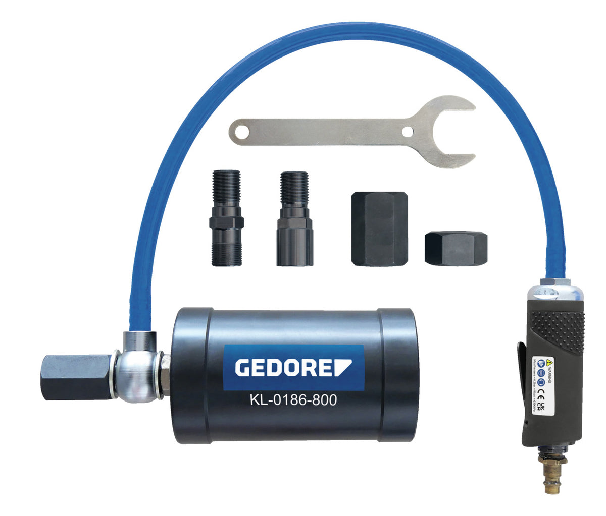 KL-0186-80 K - Extractor neumático de inyectores: Extractor con manguera azul, adaptadores, llave plana y pistola neumática