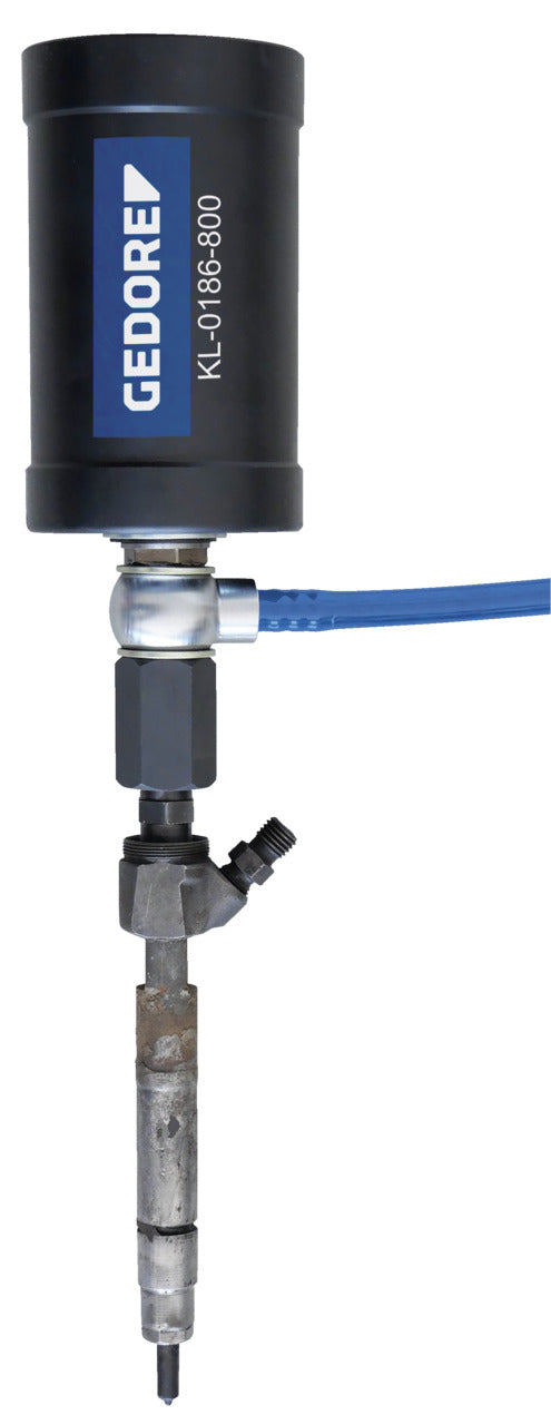 KL-0186-80 K - Extractor neumático de inyectores: Cilindro neumático vertical con manguera azul y varilla extractora acoplada