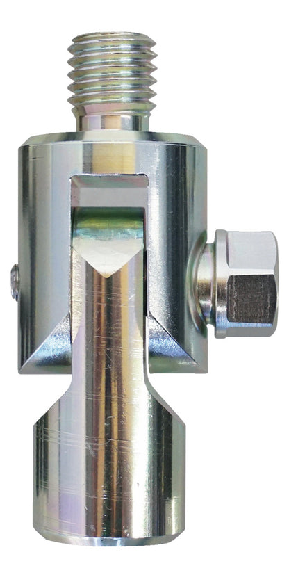 KL-0186-950 - Junta de tracción M18: Pieza metálica cilíndrica con rosca superior, ranura en U y tornillo hexagonal lateral
