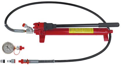 KL-0215-35 M25 - Bomba manual hidráulica con manómetro: Bomba hidráulica manual roja con manguera, manómetro y acoplamientos