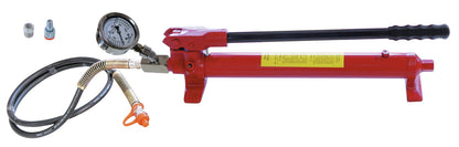 KL-0215-35 M25 - Bomba manual hidráulica con manómetro: Bomba hidráulica manual roja con manómetro, manguera y accesorios