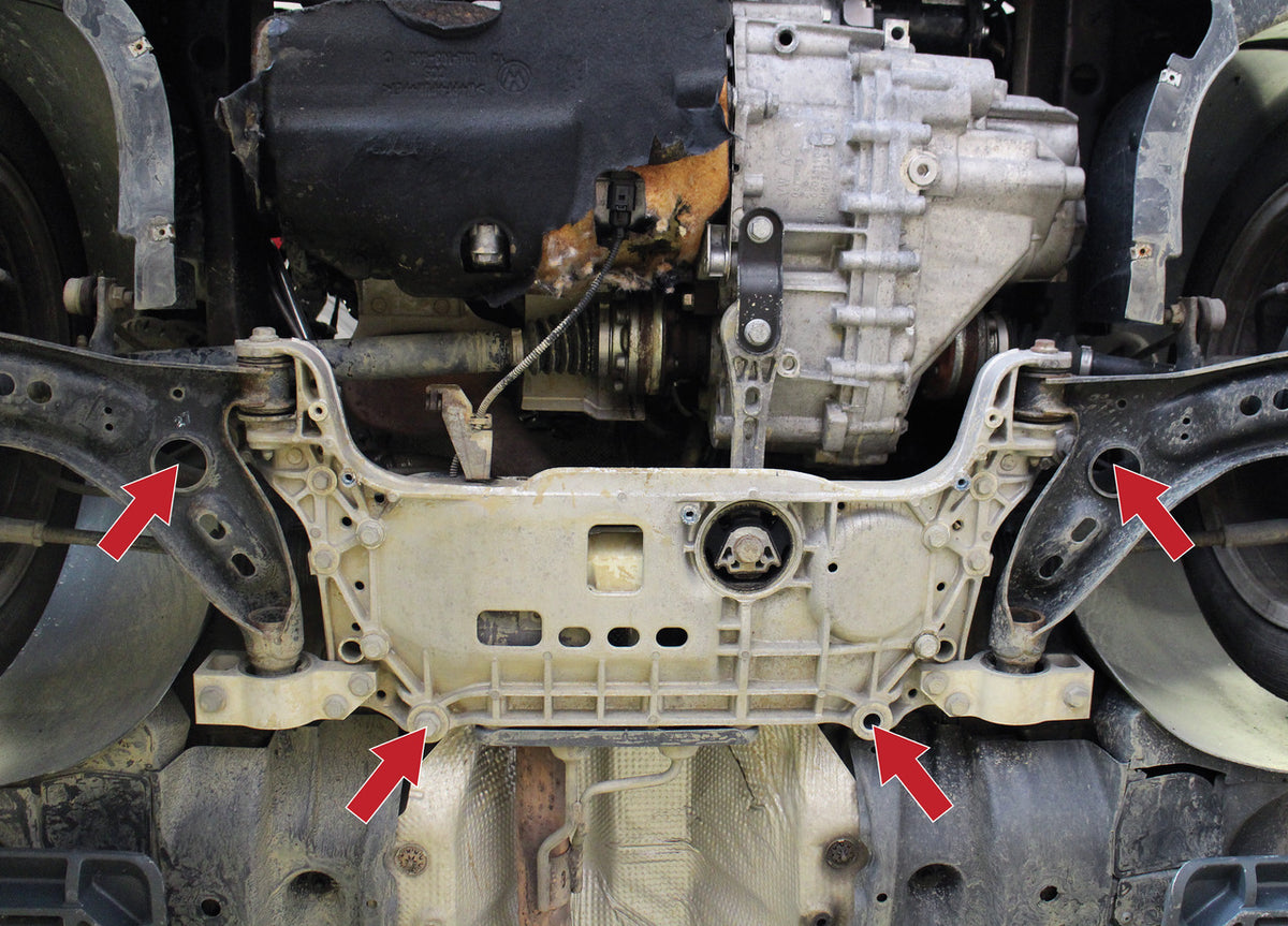KL-0220-10 K - Kit de herramientas de fijación, VW Assembly Carrier: Subchasis y motor vistos desde abajo