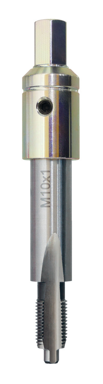 KL-0283-7022 - Toque M10x1: Macho de roscar M10x1 con mango cilíndrico dorado y tornillo prisionero