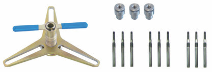 KL-0500-401 - Pretensor de embrague Paso de 3 orificios: Extractor de tres brazos con mangos azules y juego de casquillos
