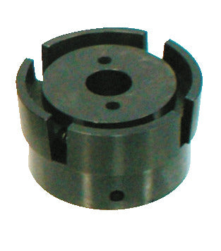 KL-1010-2202 - Pieza de presión con resorte Ø75 mm: Pieza cilíndrica negra con muescas laterales y orificios centrales
