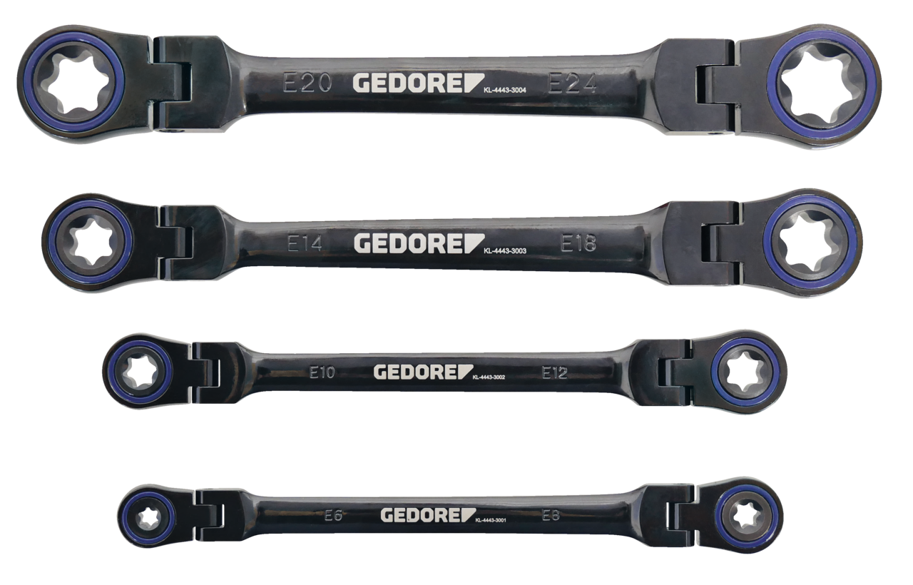 GEDORE Automotive KL-4443-30 - Juego de 4 llaves TORX® de carraca con doble articulación