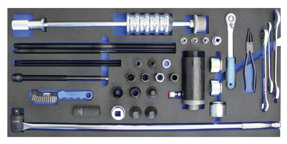 KL-4999-250 - Carro de taller "Rodamientos y bujes": Módulo espumado con vasos, casquillos, extractor, carraca