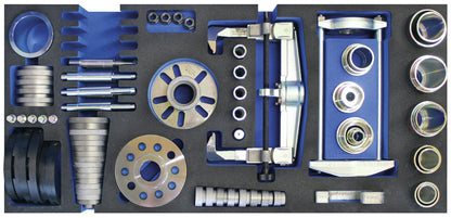 KL-4999-250 - Carro de taller "Rodamientos y bujes": Bandeja con extractores, casquillos, discos adaptadores y arandelas