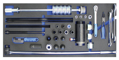 KL-4999-260 - Carro de taller "Rodamientos y bujes": Bandeja de espuma con extractores, casquillos, cepillo, alicates