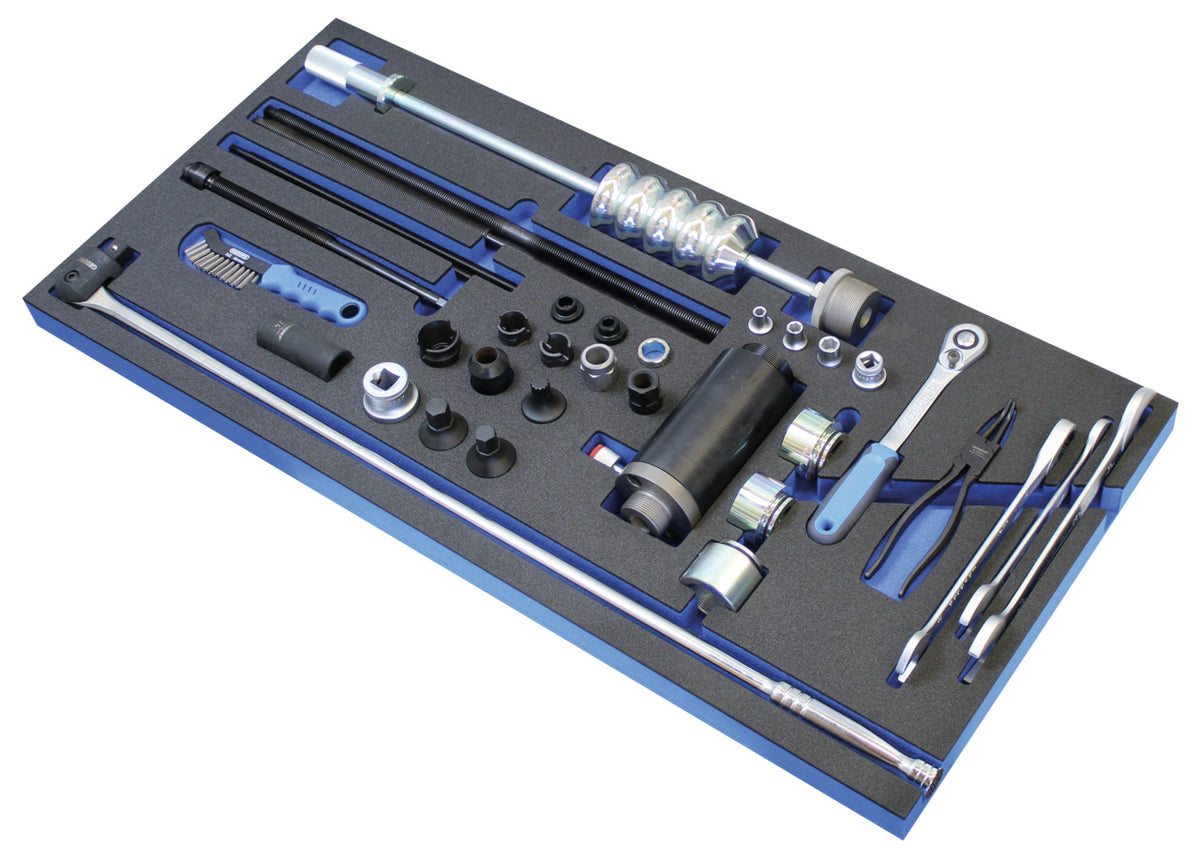 KL-4999-260 - Carro de taller "Rodamientos y bujes": Bandeja con juego de extractores, casquillos, alicates