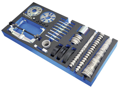KL-4999-260 - Carro de taller "Rodamientos y bujes": Bandeja con extractor, discos, casquillos y adaptadores en espuma azul