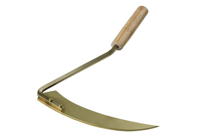 Drepanio 250 mm AntiChispa: Hoz curva de latón con mango corto de madera y cuello acodado