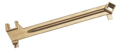 Llave de barril 380 mm ATEX: Herramienta larga de metal dorado con cuadradillo hembra y muescas en los extremos