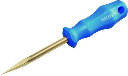 GED0810060S - Punzón cuadrado 100 mm ATEX: Punzón con punta afilada dorada y mango ergonómico azul con orificio