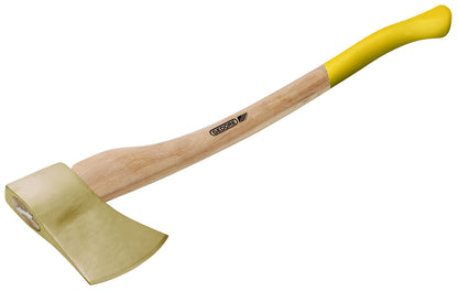 Hacha 750 mm AntiChispa: Hacha con cabeza dorada, mango de madera y empuñadura amarilla antideslizante