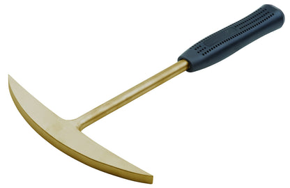 Piqueta de mano 380 mm ATEX: Piqueta de dos puntas en metal dorado con mango de goma negra