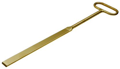 Cuchillo bridas redondo 690mm: Herramienta alargada de metal dorado con hoja plana y mango en forma de anilla
