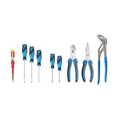 S 1100 W-001 - Juego destornillador/alicates: Destornilladores, alicates y tenaza de extensión con mangos azules y negros