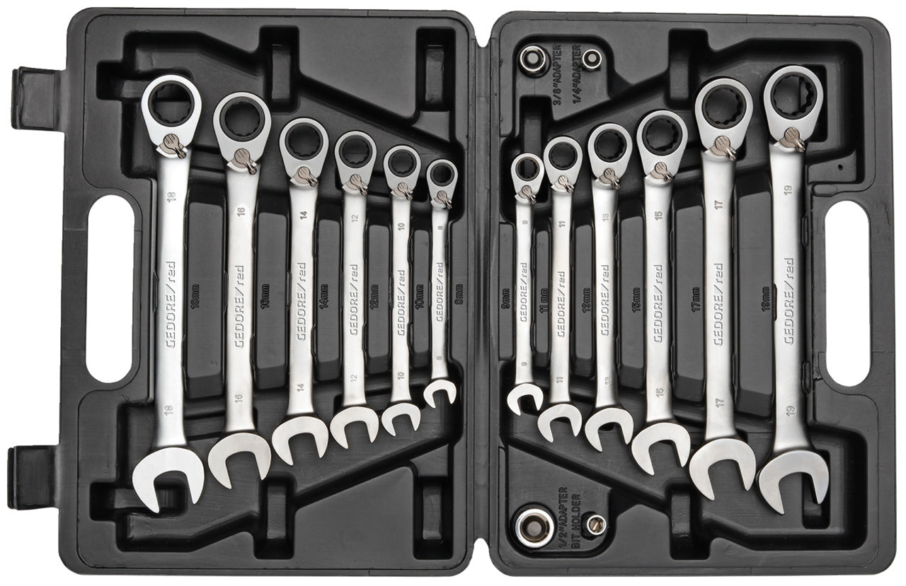 GEDORE red R07203016 - Jeu de 12 clés mixtes à cliquet avec 4 adaptateurs pour embouts et douilles