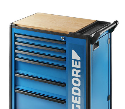 2005 HP - Panel de madera laminada 590x410x30 mm: Carro de taller azul con cajones y superficie de madera superior