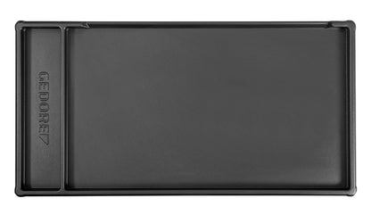 E-2005 XL/12 - Tapa ABS: Bandeja rectangular negra plana con reborde y logotipo grabado