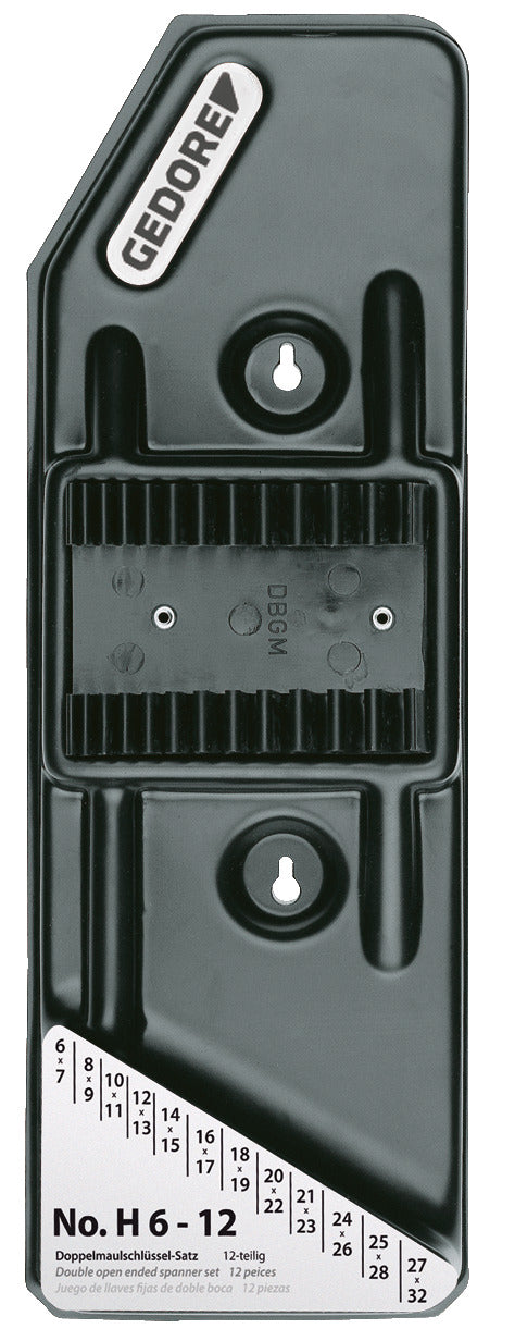 H 6-12 L - Soporte de plástico, vacío: Soporte plástico negro vacío con ranuras y tabla de medidas de llaves