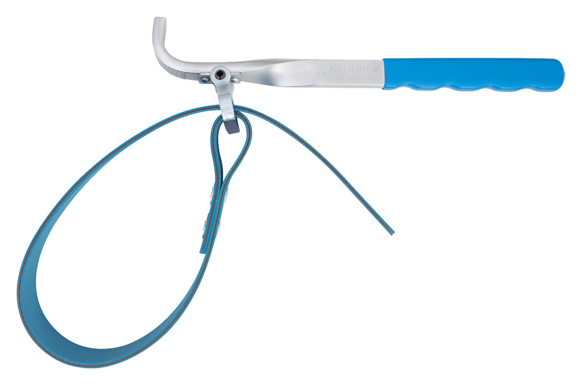 36 1-140 - Llave de cinta 140mm: Llave de cinta con correa flexible y mango ergonómico azul